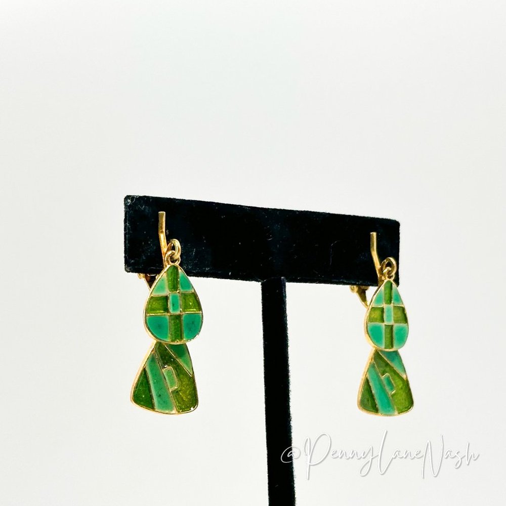 Vintage Double Green Tiled Teardrops Clip On Earrings - Picture 2 of 6